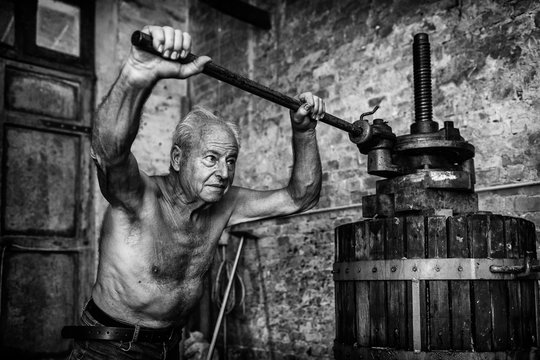 Grape harvest: old shirtless winemaker farmer working on a traditional wine press 