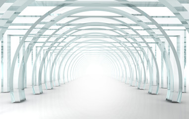 Bright glass corridor or tunnel in 3D rendered perspective
