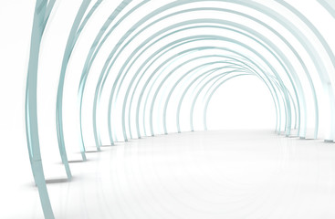 Bright glass corridor or tunnel in 3D rendered perspective