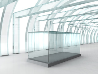 Bright glass corridor or tunnel with glass box for exibition in 3D rendered perspective