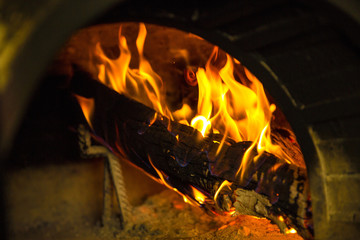 burning coal fire wood in the rustic furnace