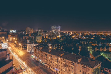 Voronezh city downtown and skyline panorama at dusk, toned