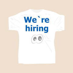 text We are hiring . Man wearing white blank t-shirt