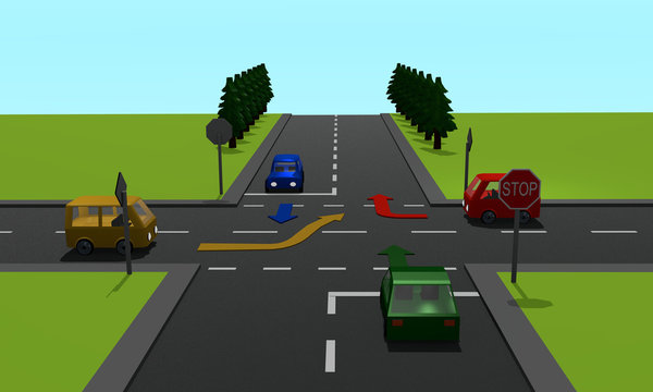 Verkehrssituation: vier Autos an einer Kreuzung mit Stoppschild und Richtungspfeilen
