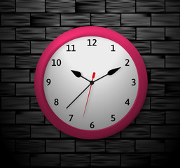Vector illustration of a red clock showing the specified time. An object on a black brick background.