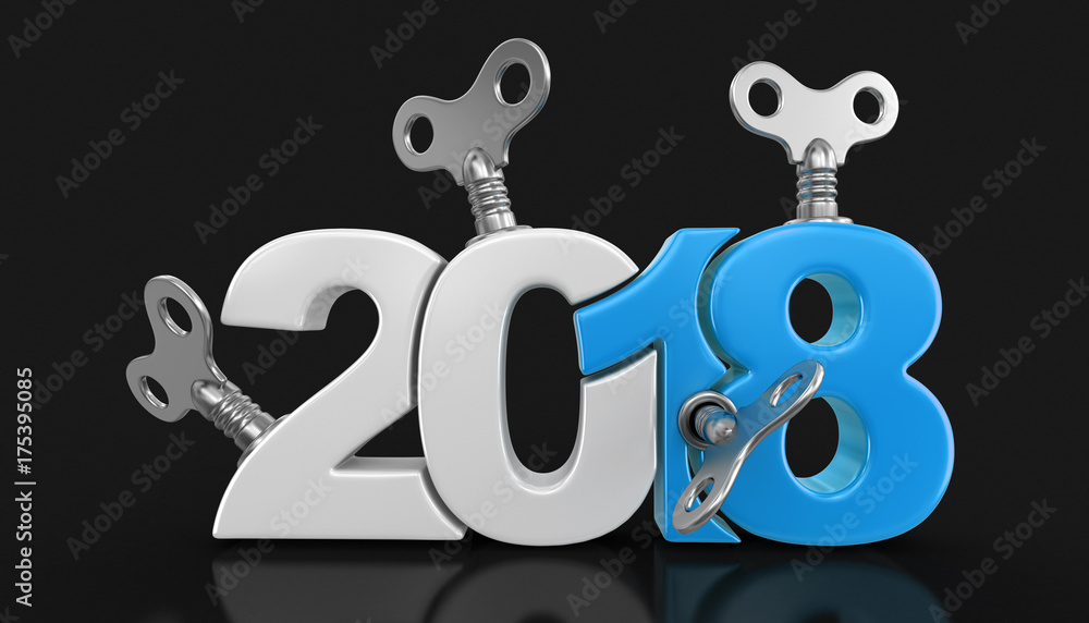 Aufkleber new year 2018 with winding keys. image with clipping path.