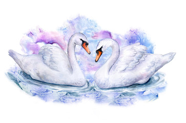 Swans on an abstract colored background. Watercolor. Illustration. Handmade