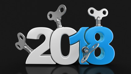 New Year 2018 with winding keys. Image with clipping path.