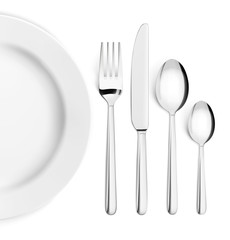 Set of cutlery of fork, spoon and plate. Vector illustration on white background. Ready for your design.
