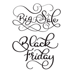 Big Sale and Black Friday calligraphy text on white background. Hand drawn lettering Vector illustration EPS10