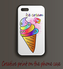 Case for mobile phone with creative pop art print. Neon sketch ice cream, close-up. Cartoon style. 