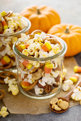 Homemade Halloween trail mix with popcorn, pretzels and nuts