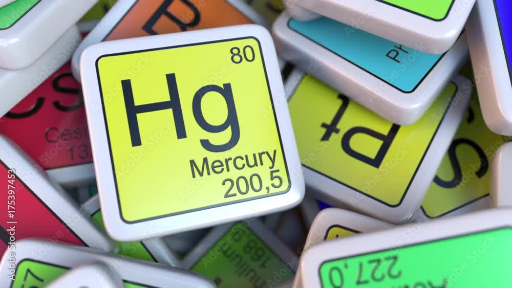 Poster mercury hg block on the pile of periodic table of the chemical elements blocks. chemistry related in
