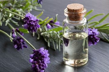 A bottle of lavender essential oil on dark stone