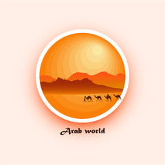 Fototapeta na wymiar Arabic desert. Landscape in round frame. Minimalistic icon. Vector illustration