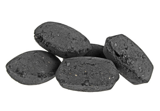 Heap Of Coal Briquette For BBQ Isolated On White Background