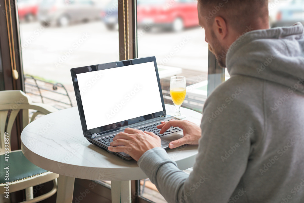 Poster man work on laptop in coffee shop. isolated screen for app or web site mockup promotion.