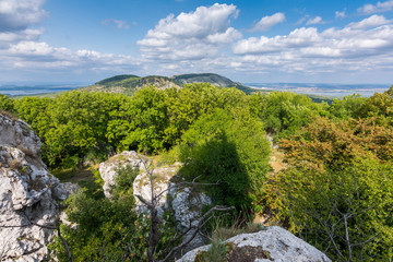 Fototapeta na wymiar Big white rock on hill, Palava Czech republic, forest hill and blue sky