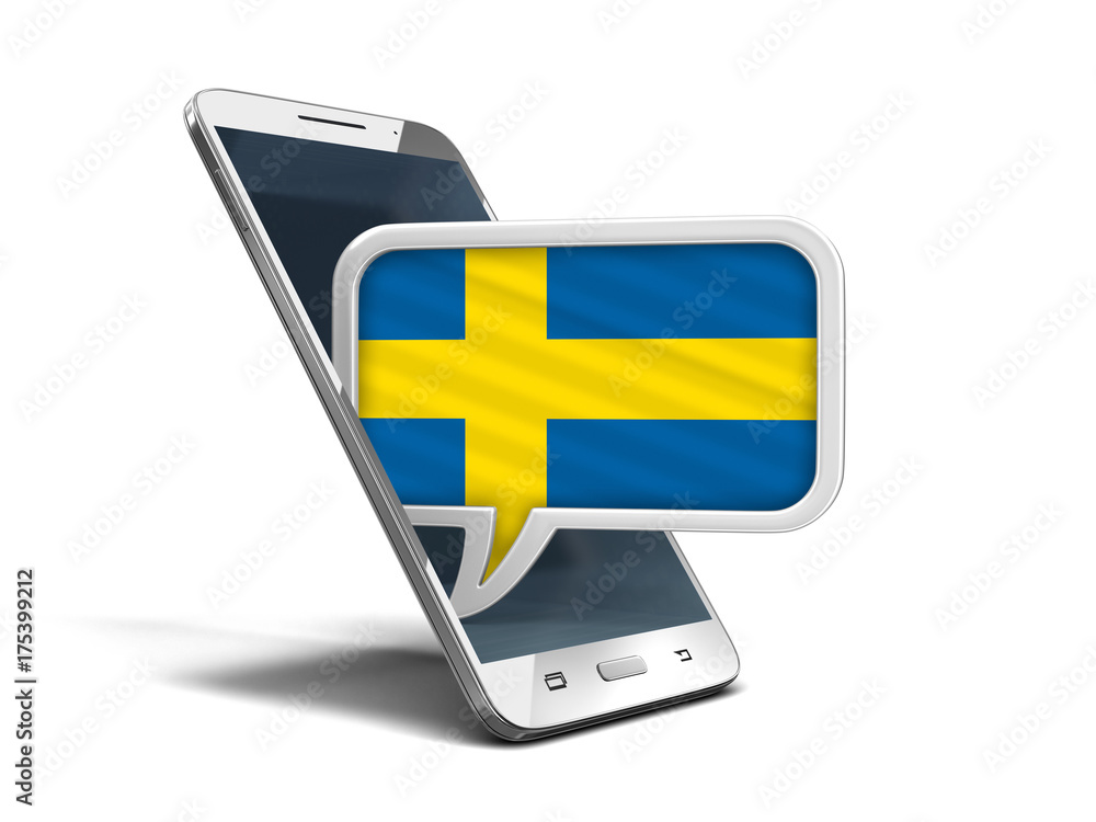 Poster touchscreen smartphone and speech bubble with swedish flag. image with clipping path