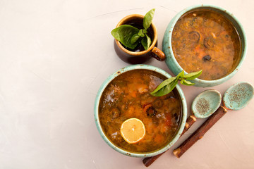 Solyanka soup with meat, smoked meat, sausages, pickled cucumbers, tomatoes, olives, herbs, lemon in blue bowl on gray concrete background, homemade food.
