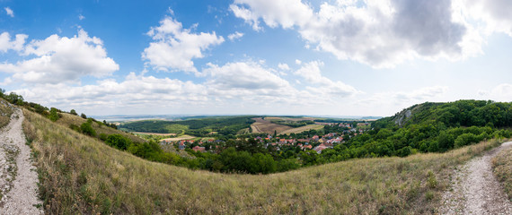 Obraz premium Landscape view of small village, meadow and agriculture. Forest on the right side with green trees, blue sky, clouds