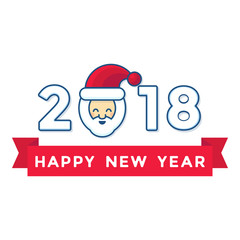 Happy New Year 2018 year with ribbon and santa holiday background. Christmas decoration element. Vector illustration in flat style design