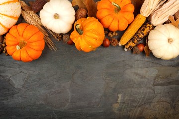 Autumn harvest top border with pumpkins, leaves and nuts over a slate stone background