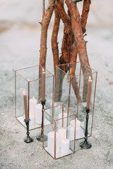 wedding decor with owls and printing, Bridal bouquet and rings