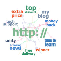 Text http. web design concept . Word cloud collage. Background with lines and circles