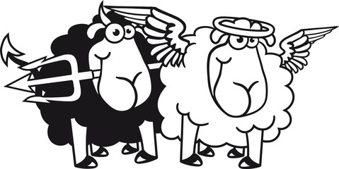 gut engel himmel schwarz böse teufel dämon dreizack hölle freundlich hunger grinsen stehend glücklich lustig klein süß niedlich comic cartoon schaf ziege wolle bauer bock cool
