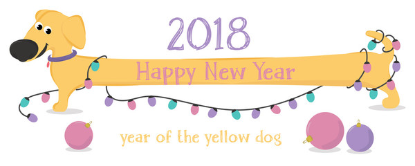 New 2018. The Chinese year of the yellow dog. Congratulations on the funny yellow dog breed Dachshund and Christmas lights. Colorful vector illustration in cartoon style.