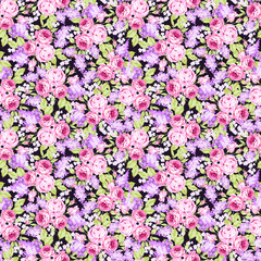 Seamless floral pattern with pink roses and lilac branches