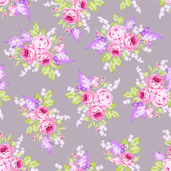 Seamless floral pattern with pink roses and lilac branches