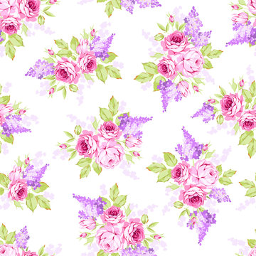 Seamless floral pattern with pink roses and lilac branches
