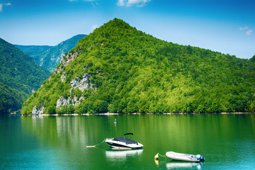 Perucac, Serbia July 31, 2017: Perucac Lake View In Tara National Park, Serbia - obrazy, fototapety, plakaty