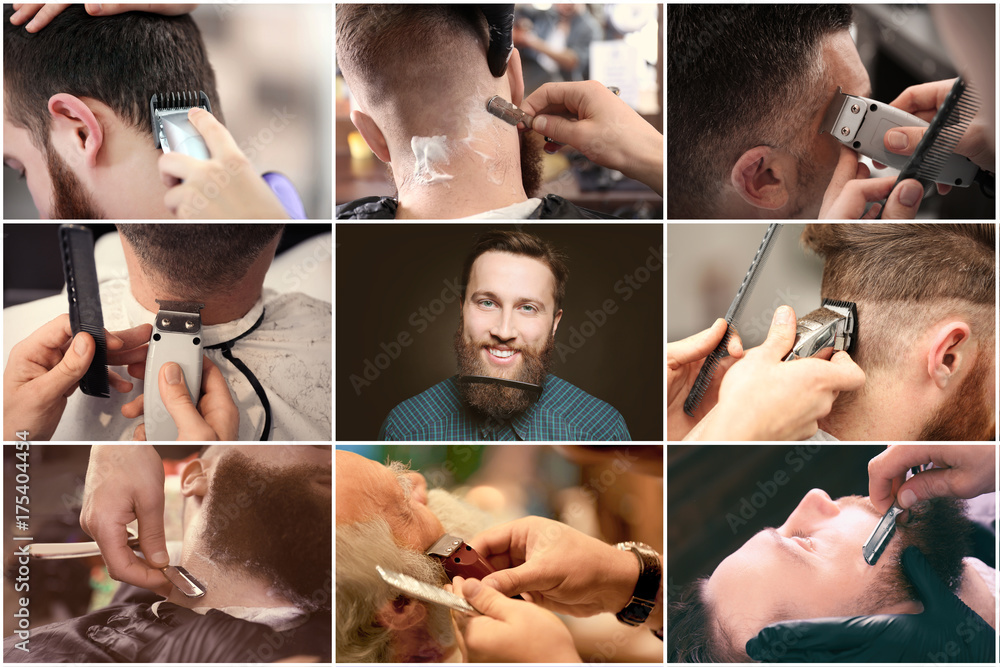 Sticker collage with stylish men at barbershop