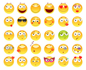 Fototapeta premium Set of 3d cute Emoticons. Emoji and Smile icons. Isolated on white background. vector illustration.