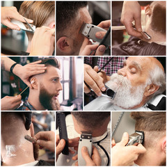 Collage with stylish men at barbershop