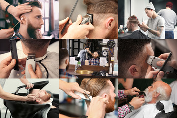 Collage with stylish men at barbershop