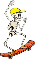 Vector skeleton riding a skateboard Haloween design element illustration. Great for spooky fun party themed gifts, giftwrap. packaging.