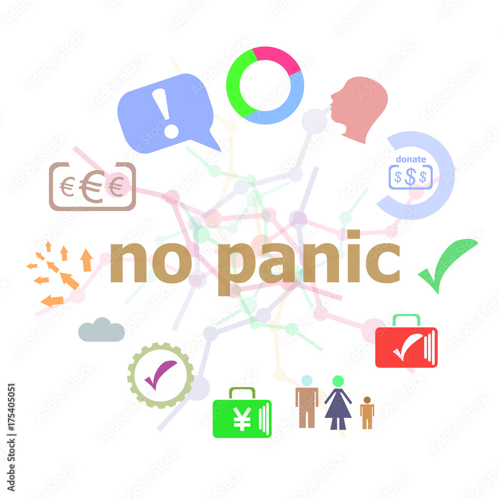 Poster text no panic. social concept . set of line icons and word typography on background