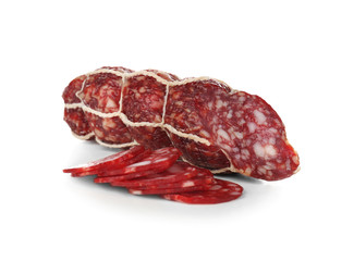 Delicious sliced sausage on white background
