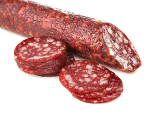 Delicious sliced sausage on white background