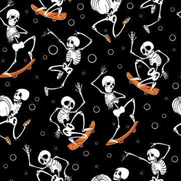 Vector black skateboarding, jumping skeletons Haloween repeat pattern background. Great for spooky fun party themed fabric, gifts, giftwrap.