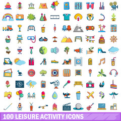 100 leisure activity icons set, cartoon style 