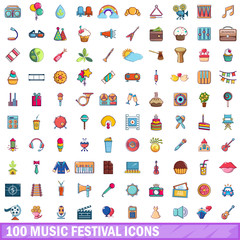 Fototapeta premium 100 music festival icons set, cartoon style 