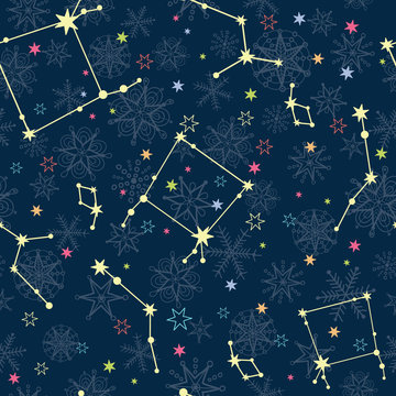 Vector dark blue and yellow stars constellations with hand drawn christmass snowflakes repeat seamless pattern background. Can be used for holiday fabric, wallpaper, stationery, packaging.