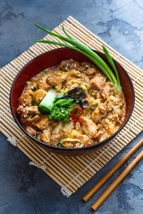 Oyakodon japanese chicken, egg on top of the rice bowl