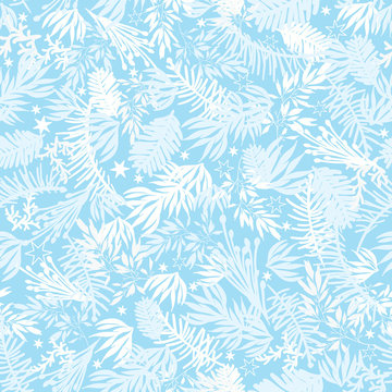 Vector winter holiday blue frost pine branches seamless pattern background. Great for fabric, packaging, giftwrap projects.