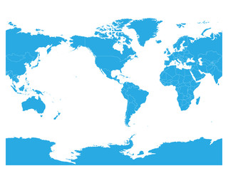 Blue World map. High detail America centered political map. Vector illustration.